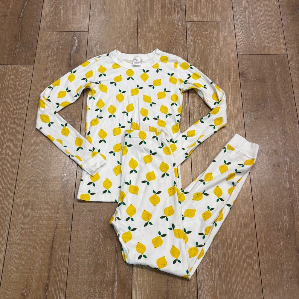Hanna Andersson Girls Lemon Print Organic Cotton Pajama Set White Yellow Size 14